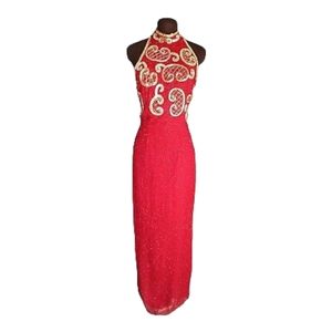 Vintage 80's Sexy Halter Dress Beaded Sequins Silk Mae West Lounge Singer NOS